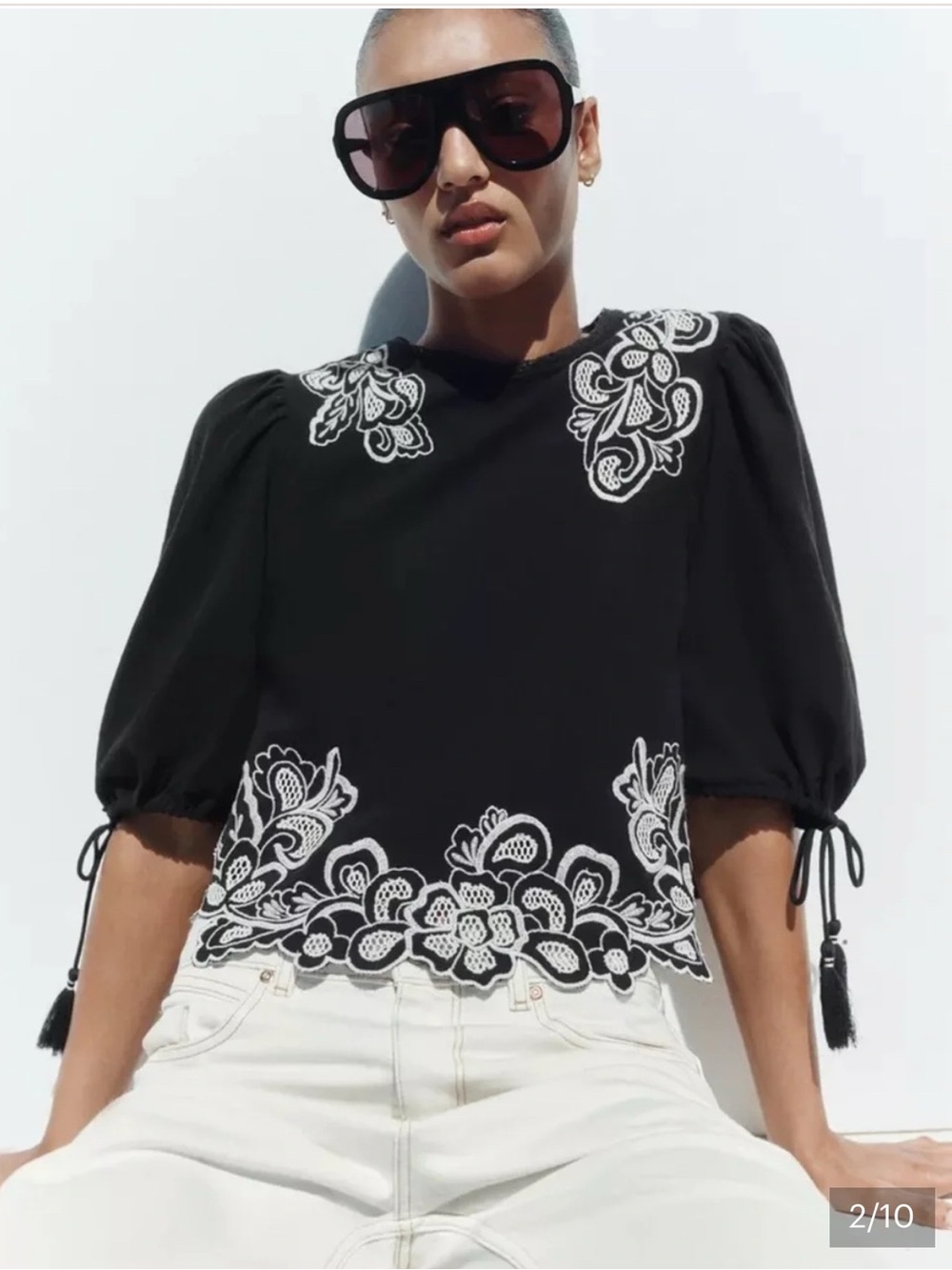 Zara Black Puff-Sleeve Top with White Floral Embroidery